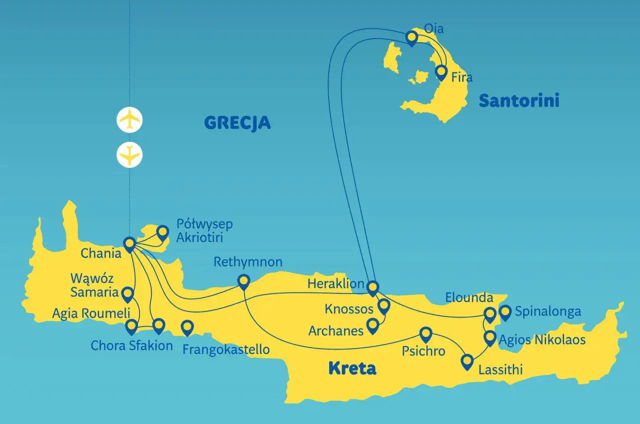 Mapa Grecji z zaznaczoną Kretą, największą wyspą grecką, oraz Santorini. Widoczne połączenia lotnicze i morskie między wyspami.
