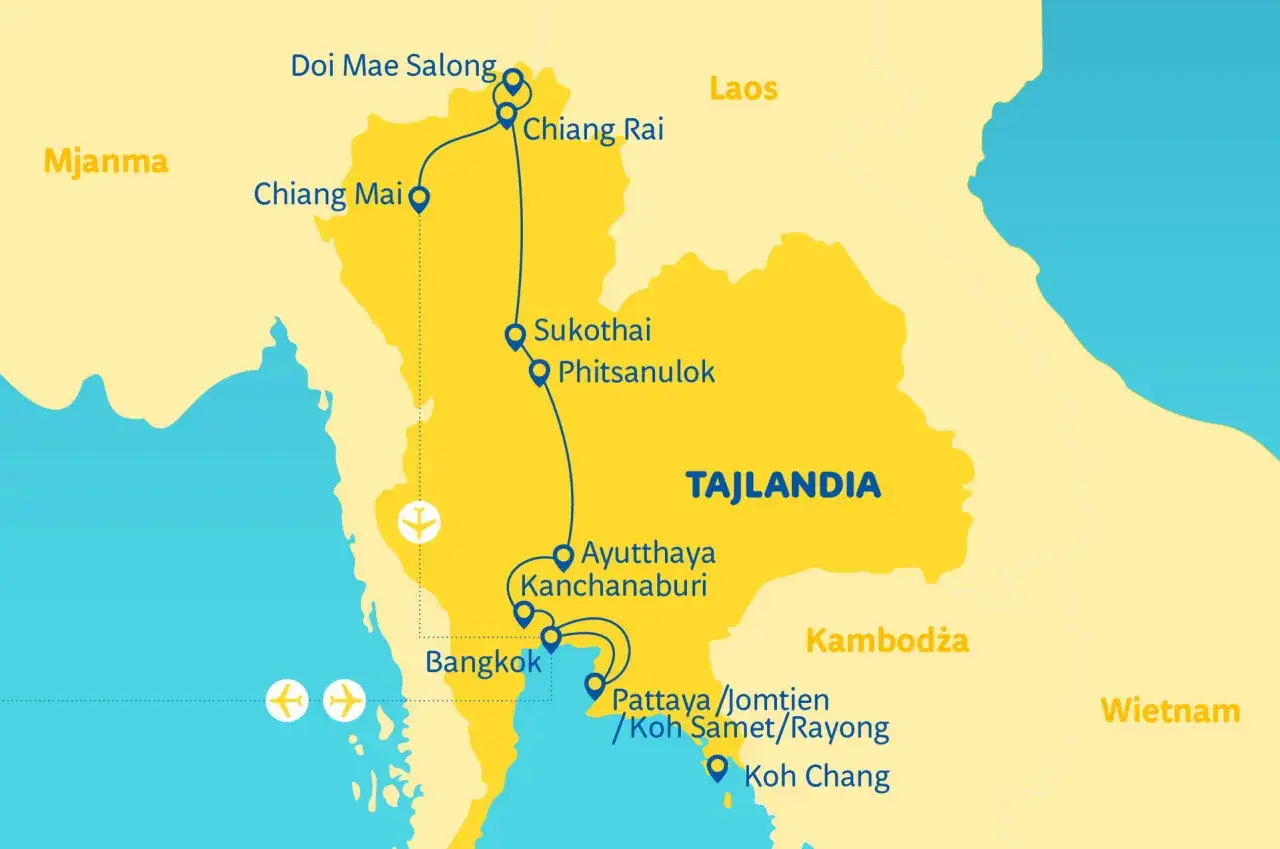 Mapa Tajlandii z zaznaczonymi miastami: Chiang Mai, Bangkok, Pattaya. Pokazuje trasę podróży i sąsiednie kraje. Ile się leci do Tajlandii?