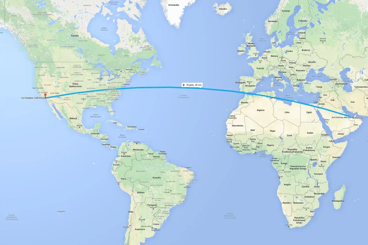 Trasa z Los Angeles do Abu Zabi: ile trwa lot? Ponad 16 godzin przez Atlantyk i Afrykę.