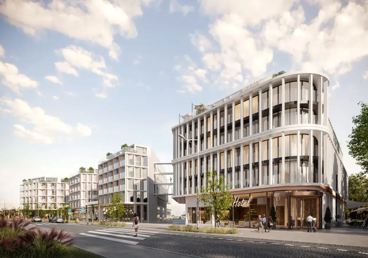Nowoczesny hotel Movenpick z tarasem na dachu i widokiem na miasto.