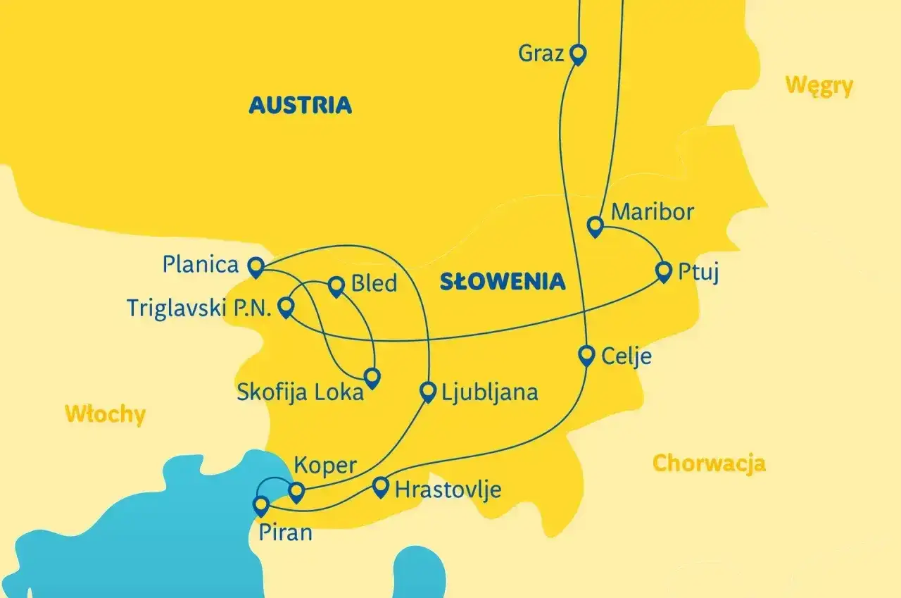 Mapa Słowenii z trasami turystycznymi, pokazująca połączenia z Austrią, Włochami i Chorwacją. Podróż przez ten region to łatwy przejazd w strefie Schengen.