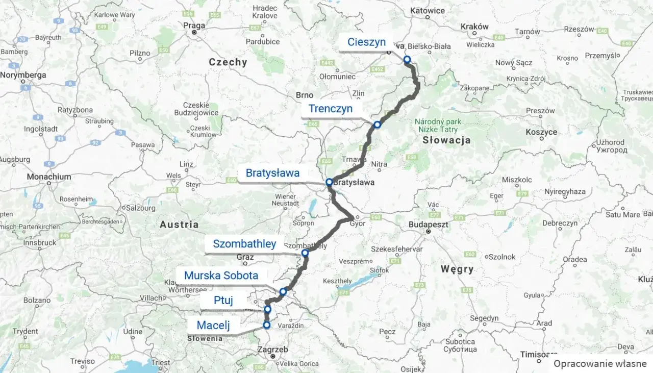 Trasa z Cieszyna przez Bratysławę, Szombathely, Murską Sobotę, Ptuj do Macelja. Idealna na chorwacja wakacje dojazd własny.