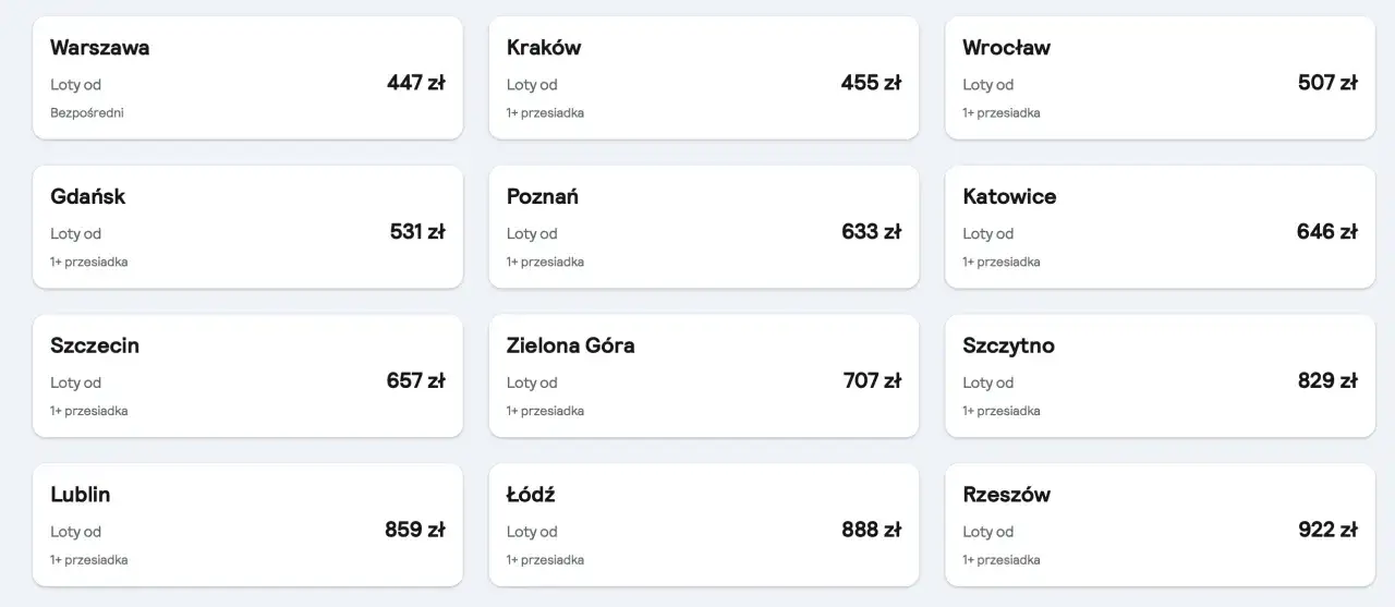 Tanie loty na majówkę z różnych miast Polski: Warszawa od 447 zł, Kraków od 455 zł, Wrocław od 507 zł.