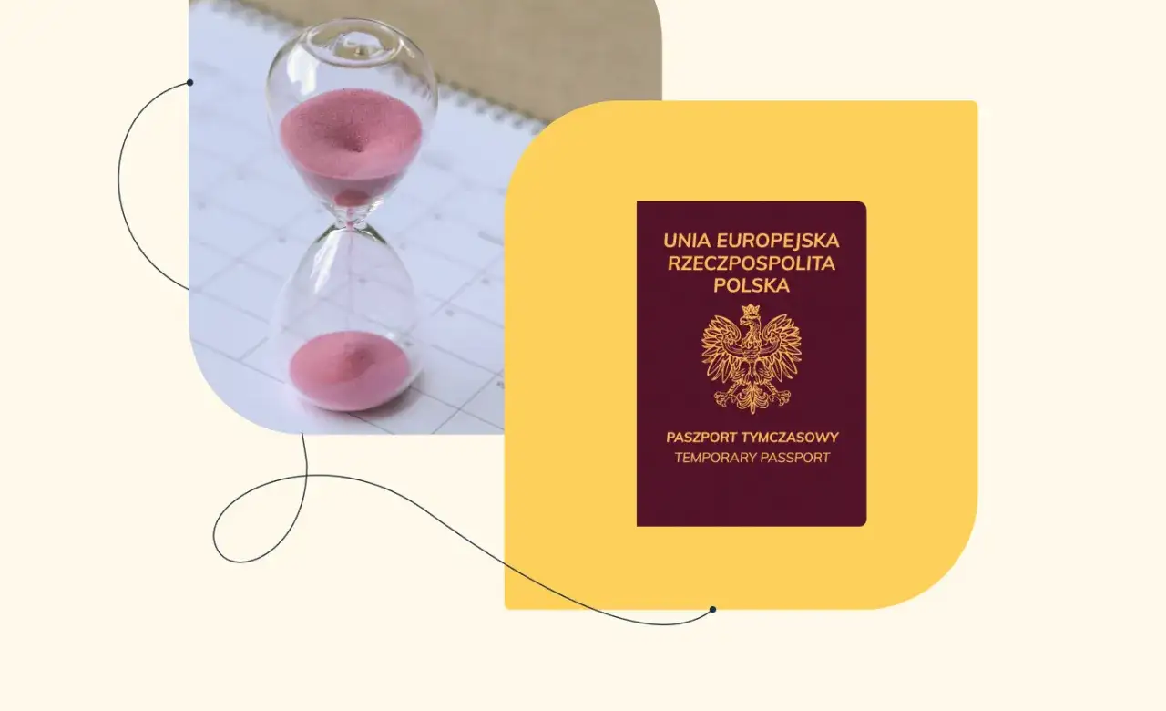 Paszport tymczasowy dla dziecka, obok klepsydry symbolizującej czas.