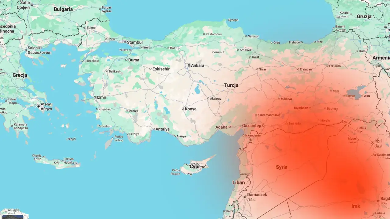 Mapa Turcji i okolic z zaznaczonymi obszarami. Czy w Turcji jest bezpiecznie? Zależy od regionu, wschodnie tereny są zaczerwienione.