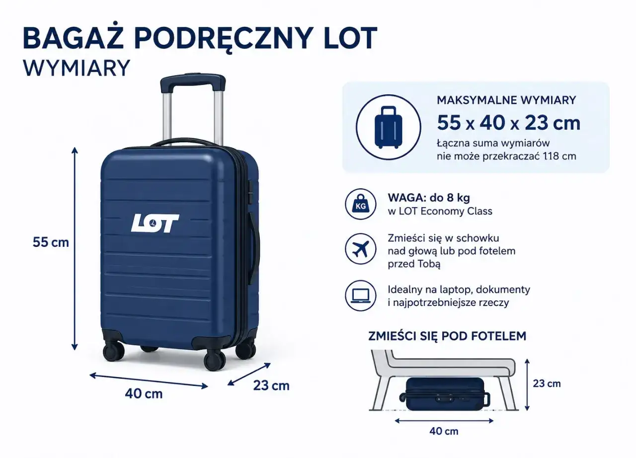 Bagaż podręczny LOT: wymiary 55x40x23 cm, waga do 8 kg. Idealny na laptop i dokumenty. Zmieści się pod fotelem.