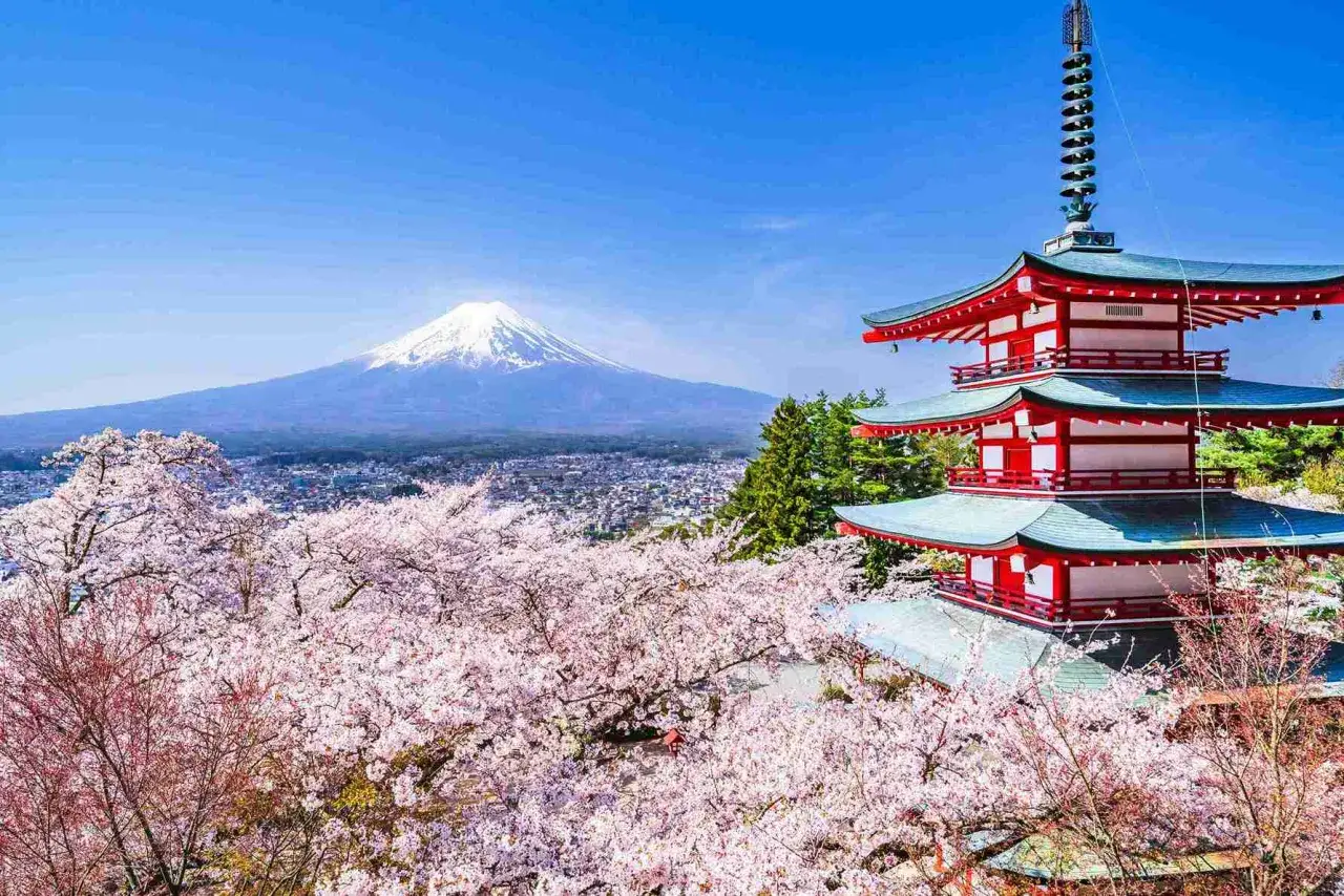 Wiosenna wycieczka do Japonii: kwitnące wiśnie, pagoda i majestatyczny Fudżi.