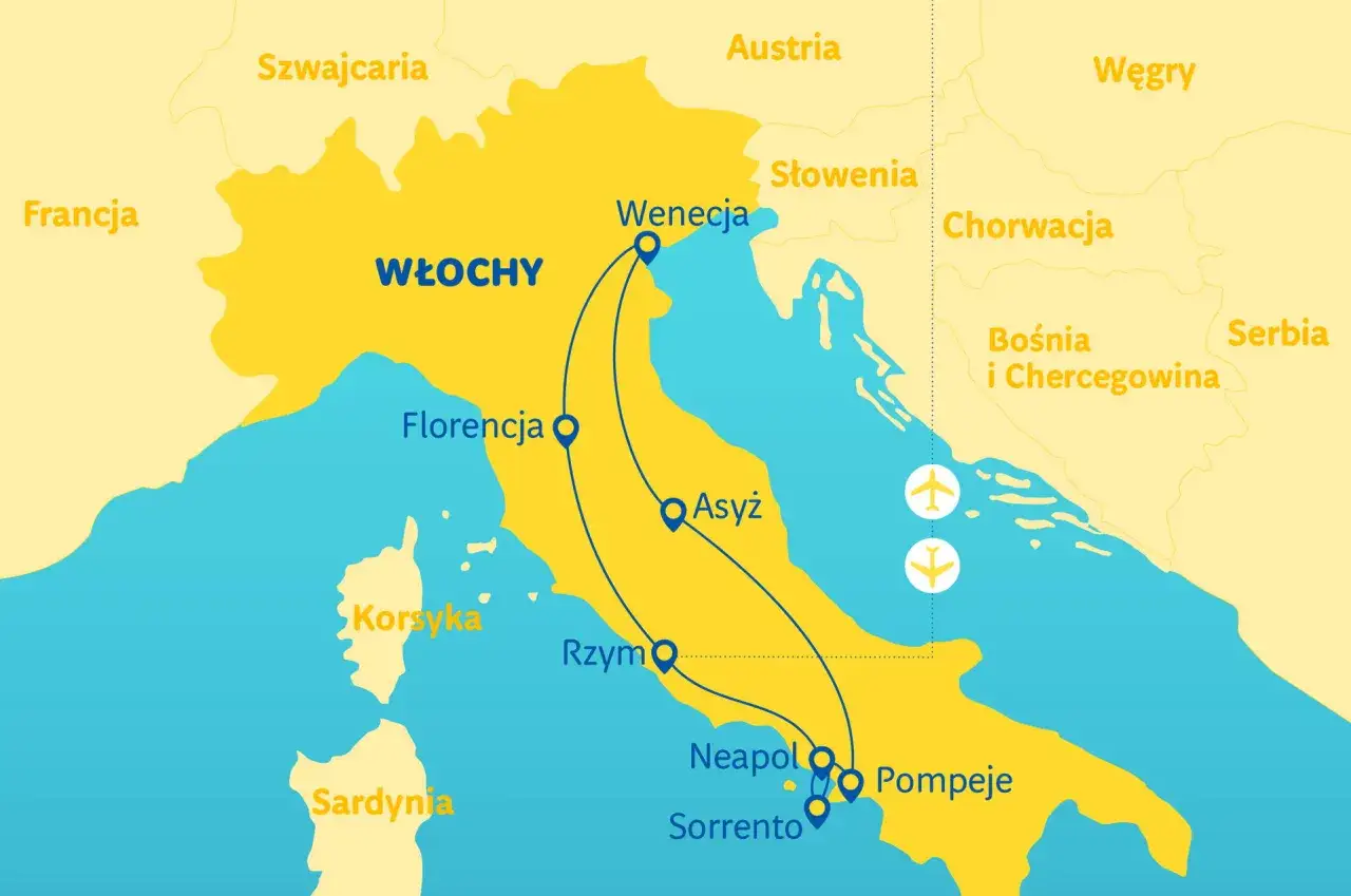 Mapa trasy wycieczki objazdowej Włochy 10 dni: Wenecja, Florencja, Asyż, Rzym, Neapol, Pompeje, Sorrento.