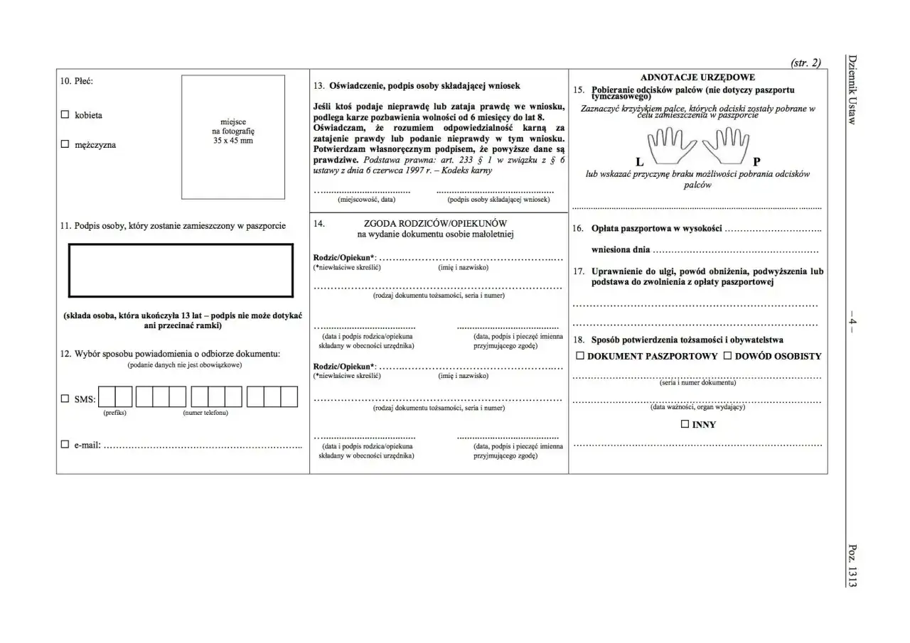 Formularz wniosku o paszport, sekcja dotycząca danych osobowych i zgód. Wypełnij, aby dowiedzieć się, jak wyrobić paszport.