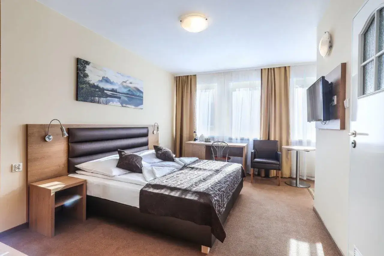 Przytulny pokój w hotelu Milena Milówka z wygodnym łóżkiem, biurkiem i telewizorem.
