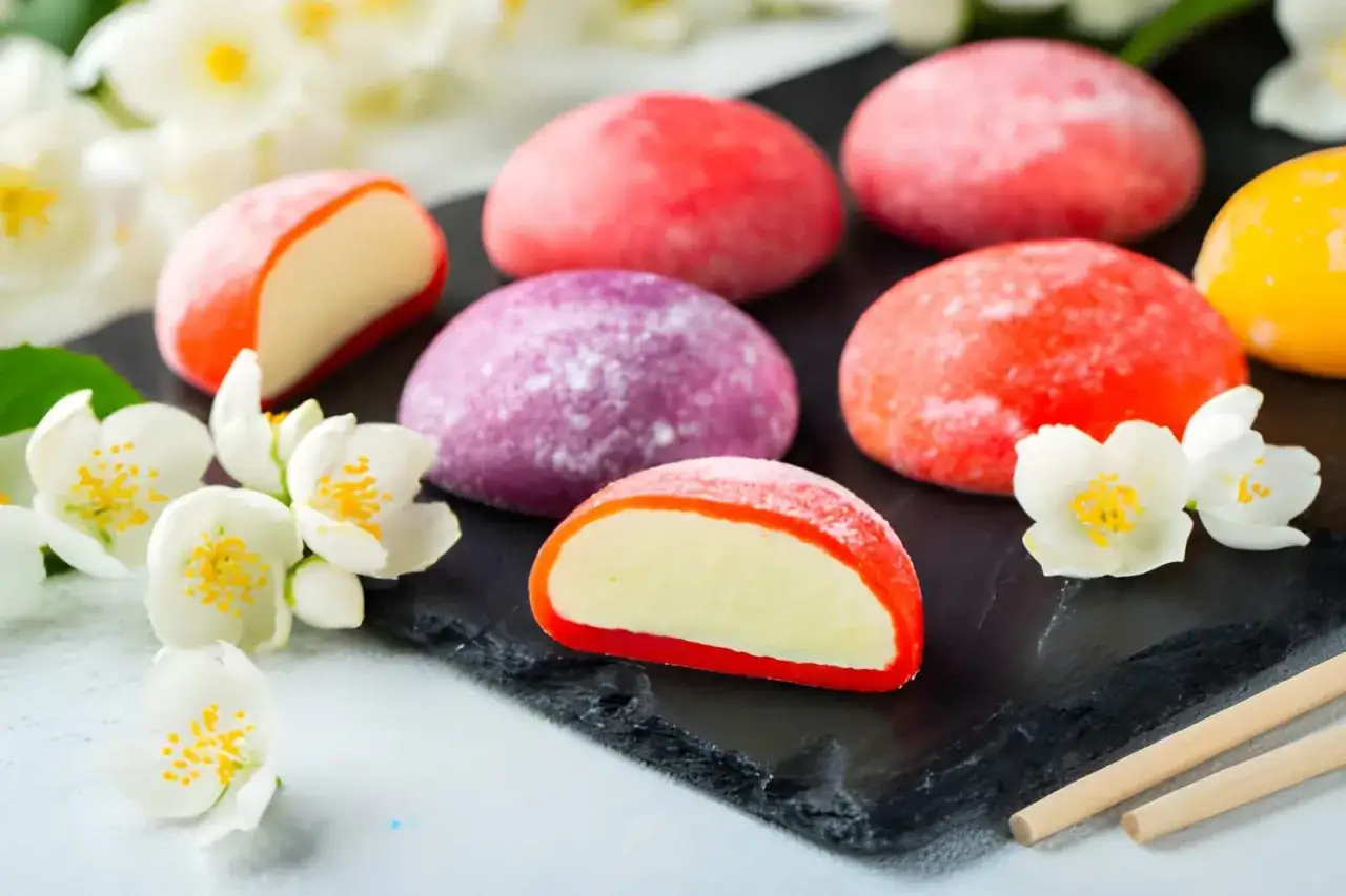 Kolorowe mochi, czyli japońskie słodkości, otoczone jaśminem. Ciekawe ciekawostki o Japonii często dotyczą jej unikalnej kuchni.