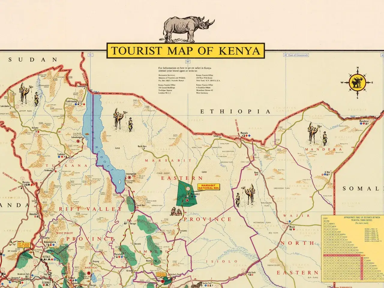 Mapa turystyczna Kenii z zaznaczonymi regionami, miastami i atrakcjami. Czy Kenia jest bezpieczna? Mapa sugeruje, że tak, pokazując liczne miejsca do zwiedzania.