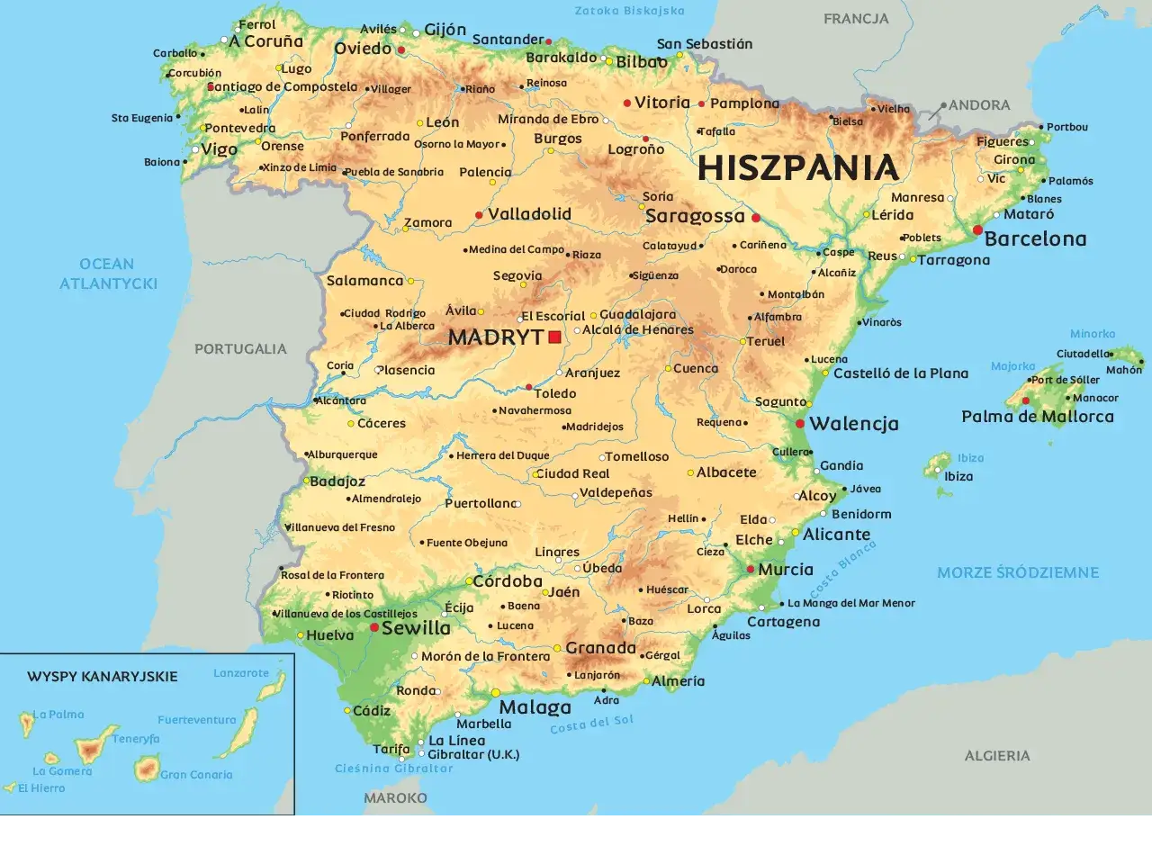Mapa ukazuje miasta w Hiszpanii, od galicyjskiego Ferrol po andaluzyjską Almerię, z zaznaczonymi Wyspami Kanaryjskimi.