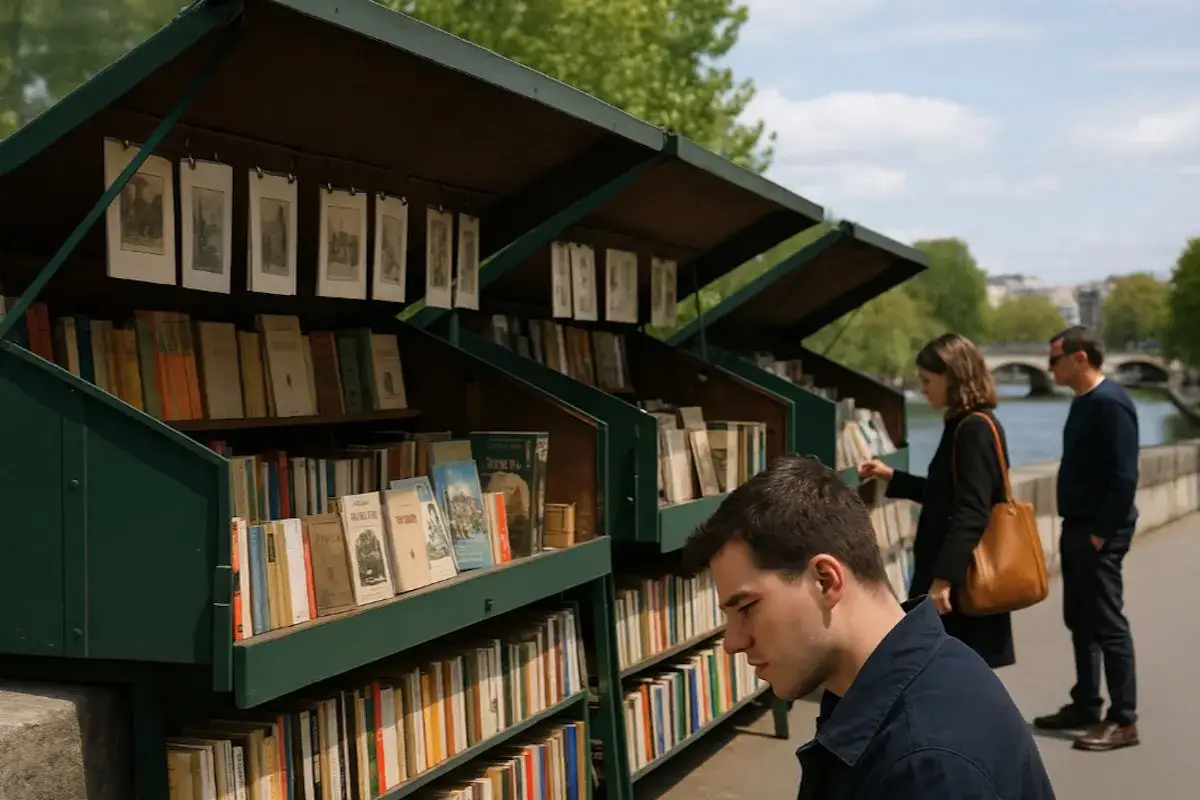 Paryskie budki z książkami nad Sekwaną. Ludzie przeglądają stare wydania, szukając ciekawostek o Paryżu.