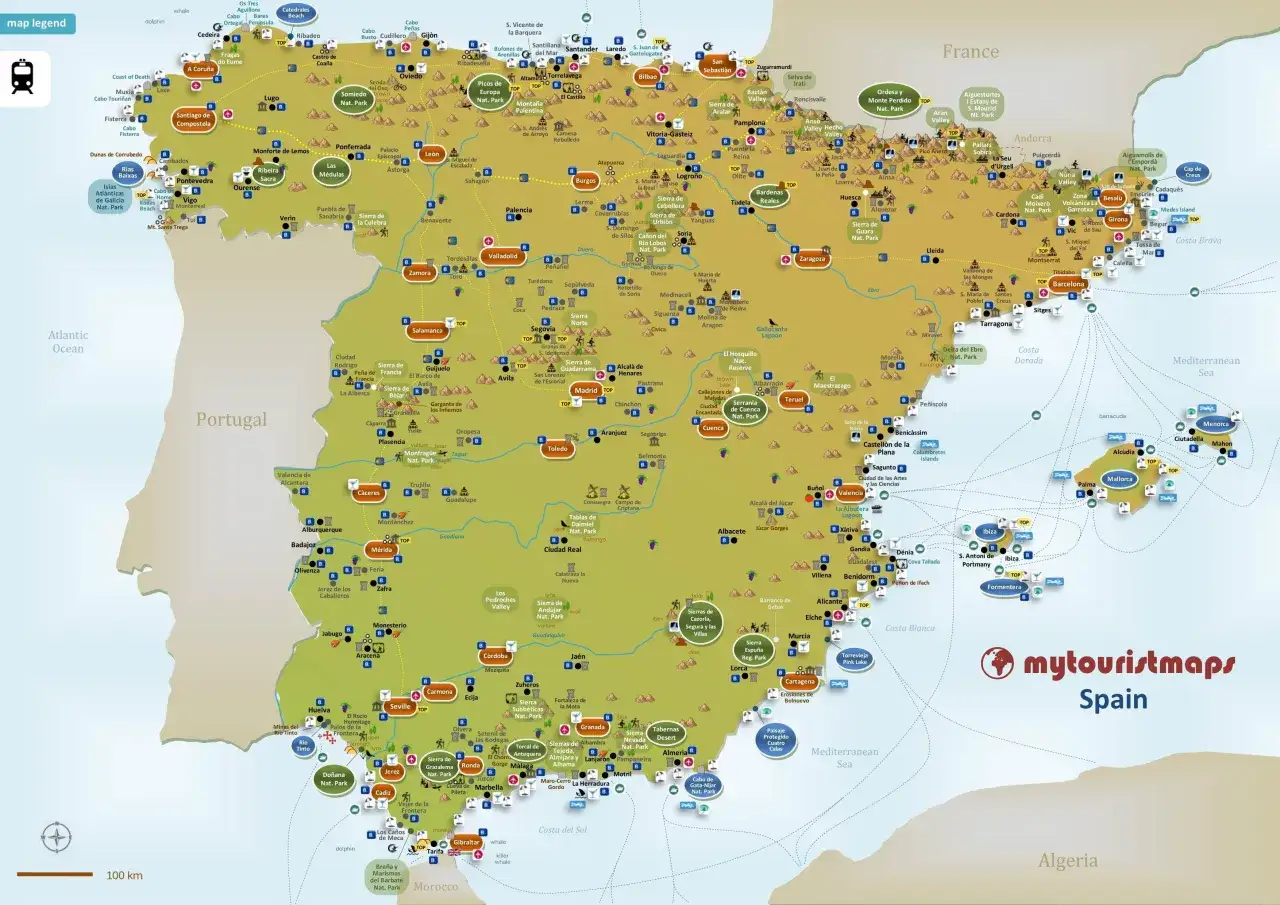Mapa turystyczna Hiszpanii z zaznaczonymi pociągami, idealna na lot do Hiszpanii. Pokazuje miasta, parki narodowe i atrakcje.