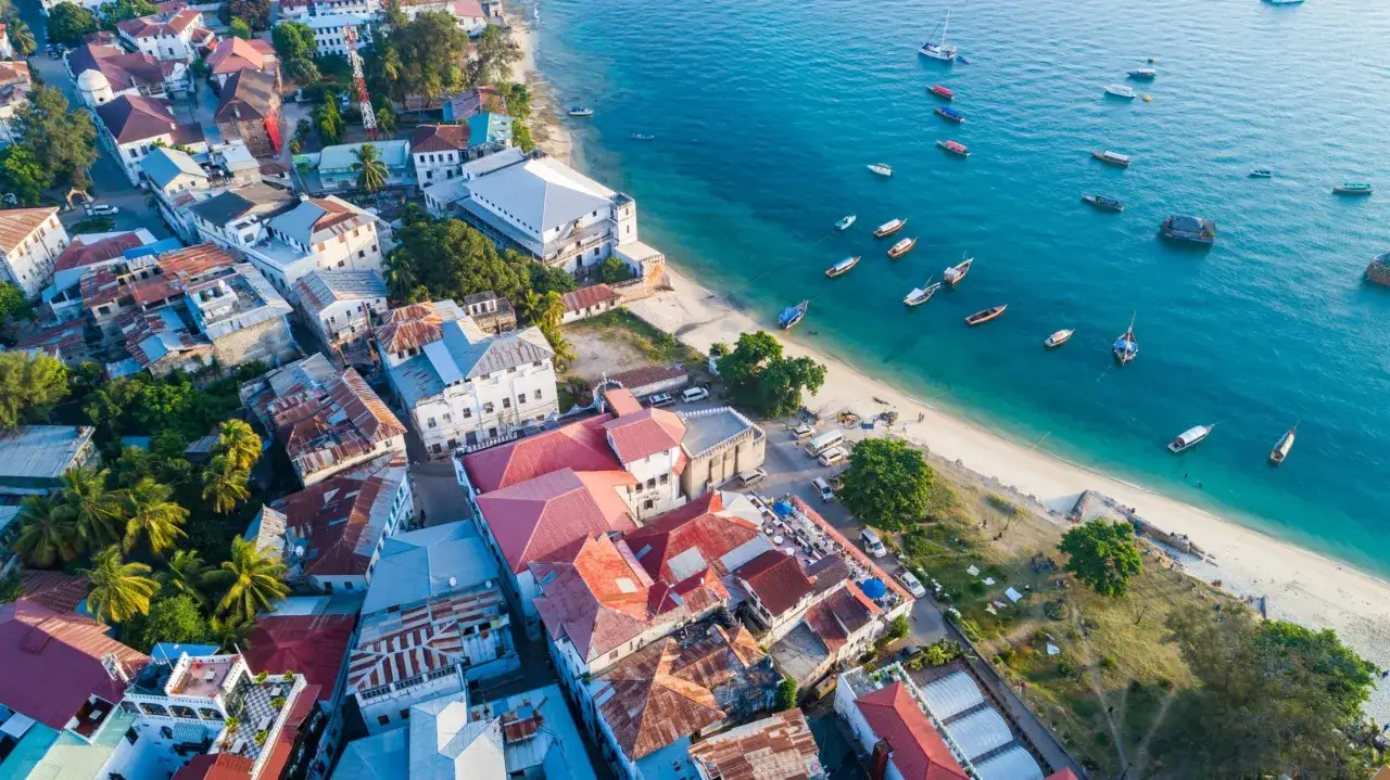 Zanzibar co zobaczyć: malownicze miasteczko z kamiennymi domami i palmami, przy turkusowym morzu pełnym łodzi.