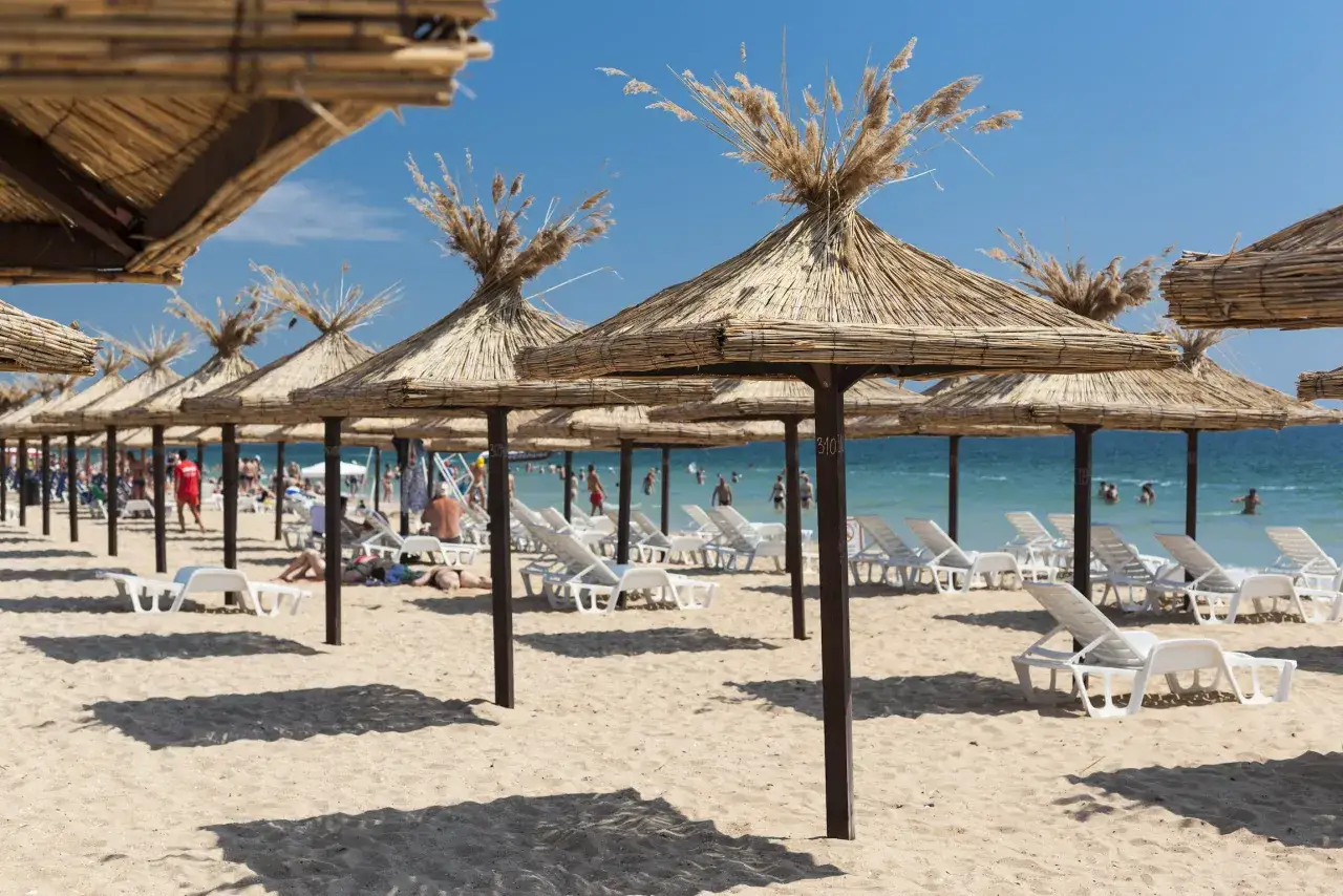 Słomiane parasole i leżaki na piaszczystej plaży w Bułgarii. W tle widać morze i kąpiących się ludzi.