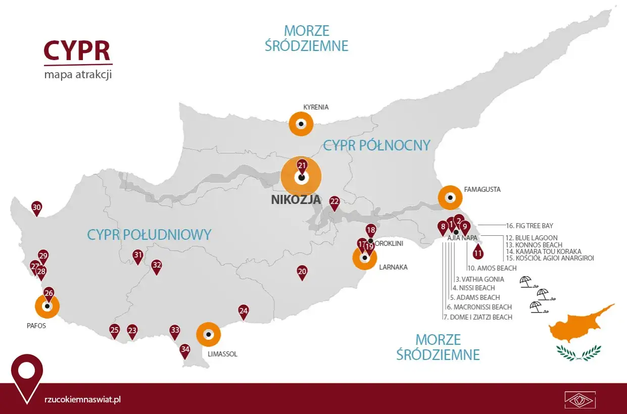 Mapa atrakcji Cypru, z zaznaczonymi miastami jak Nikozja, Pafos, Limassol i kurortami jak Ajia Napa. Odkryj grecki Cypr!