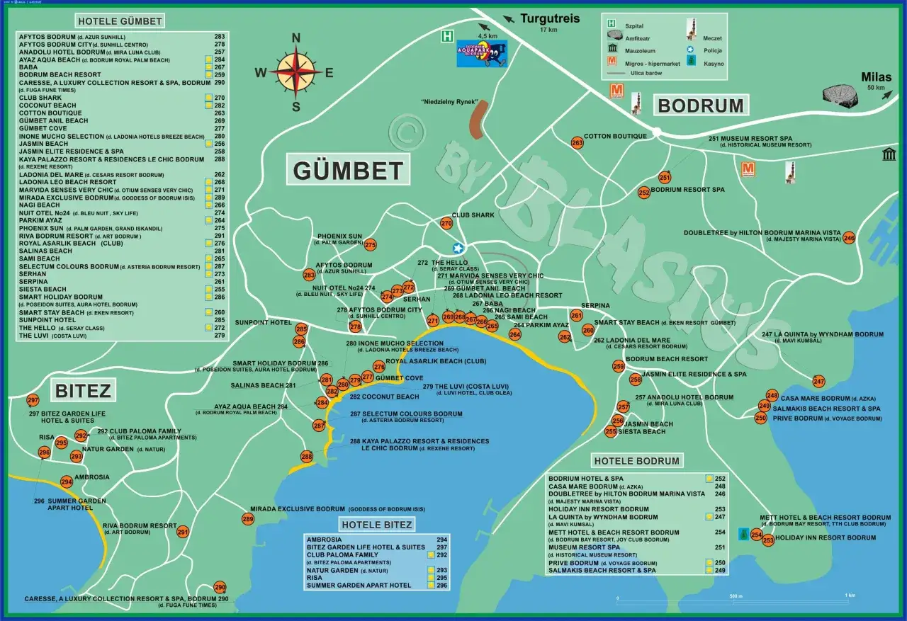 Mapa turcja, morze i hotele w Gumbet, Bodrum.