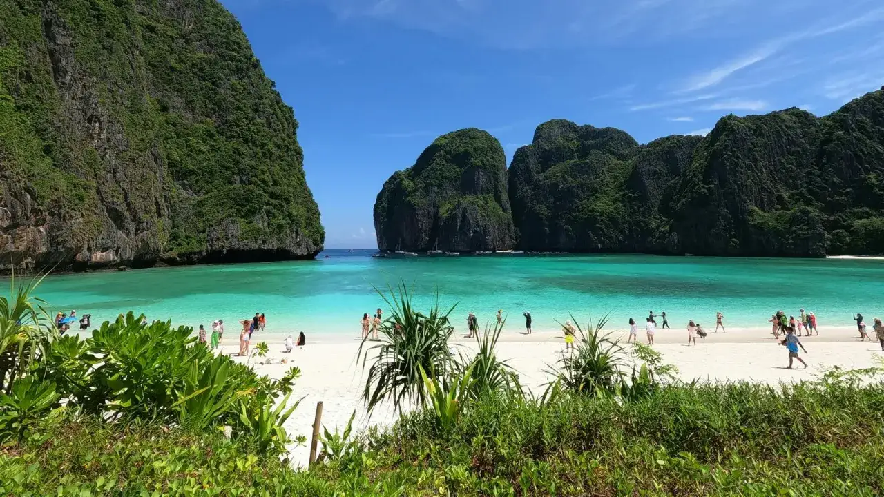 Rajska plaża Maya Bay z turkusową wodą, białym piaskiem i zielonymi klifami. Ludzie spacerują po brzegu, ciesząc się słońcem.