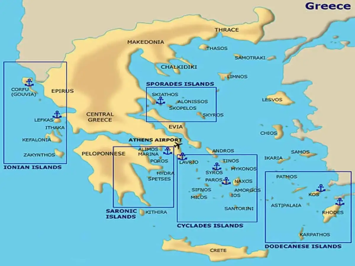 Mapa Grecji z zaznaczonymi archipelagami: Wyspy Jońskie, Saronickie, Sporady, Cyklady i Dodekanez. Idealna do planowania podróży po greckich wyspach.