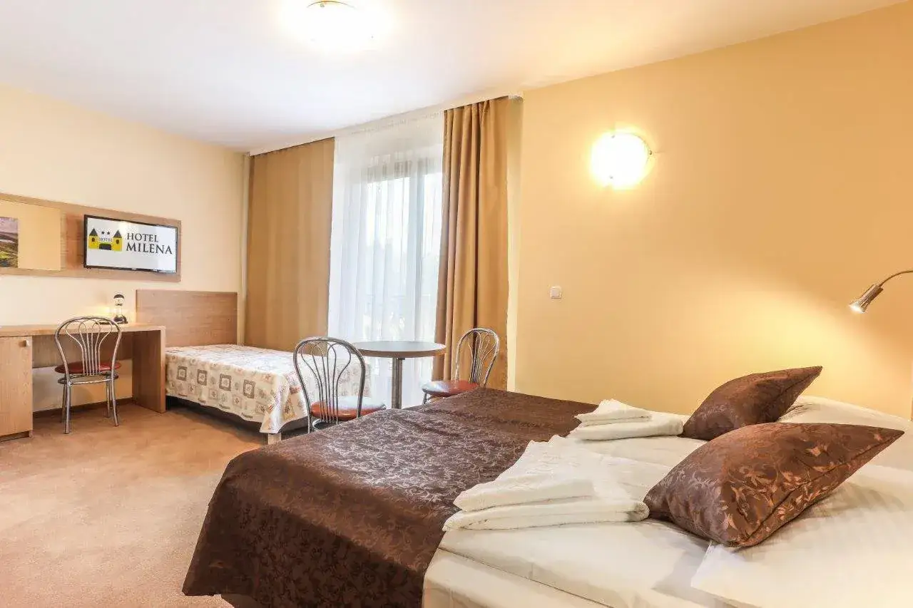 Pokój w hotelu Milena Milówka: dwa łóżka, biurko, telewizor i stolik z krzesłami.
