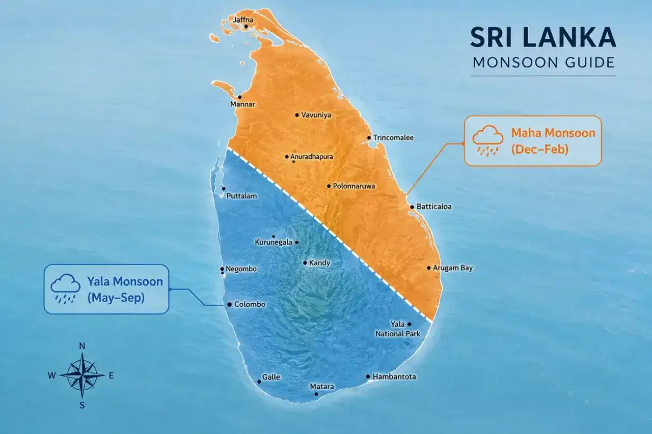 Mapa Sri Lanki z podziałem na monsuny. Czy Sri Lanka jest bezpieczna? Sprawdź, kiedy jest najlepszy czas na podróż.