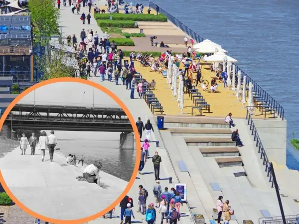 Dawne i współczesne schodki nad Wisłą w Warszawie. Ludzie spacerują i odpoczywają na bulwarach.