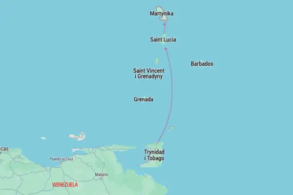 Mapa Karaibów z zaznaczoną trasą żeglugową. Widoczna Martynika, Saint Lucia, Grenada, Trynidad i Tobago oraz wybrzeże Wenezueli.