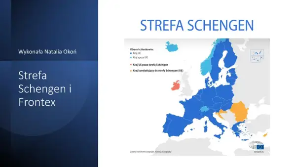 Mapa Europy z zaznaczoną strefą Schengen. Lista państw członkowskich i kandydujących.