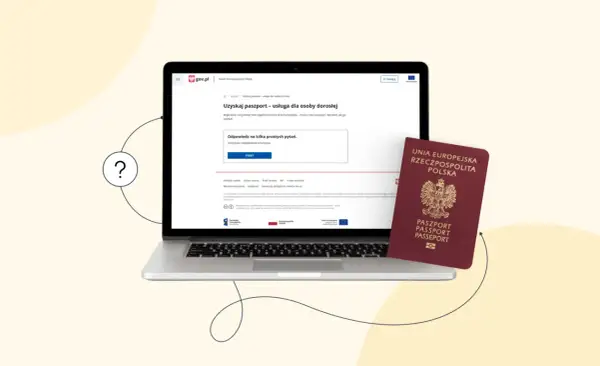 Czy do Grecji potrzebny jest paszport? Na laptopie widać stronę gov.pl z informacją o uzyskaniu paszportu, obok leży polski paszport.
