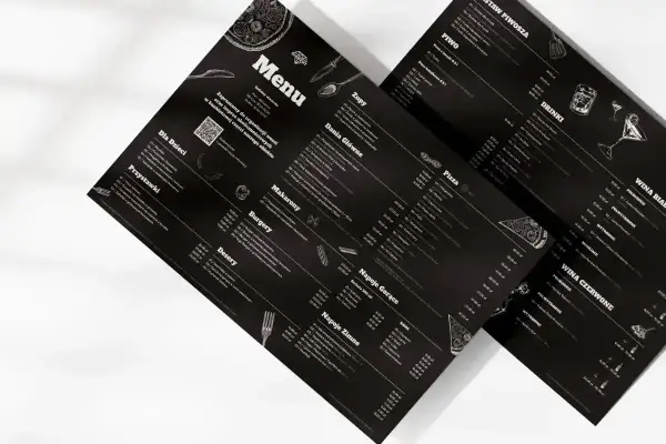 Menu z czarnym tłem, prezentujące ofertę a la carte. Widoczne sekcje: Zupy, Dania Główne, Makaron, Burgery, Desery, Napoje Gorące, Napoje Zimne, Pizza, Piwo, Drink, Wina.
