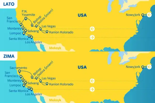 Trasy podróży po USA latem i zimą, od wybrzeża do Nowego Jorku. Zastanawiasz się, ile kosztuje bilet do USA w dwie strony?