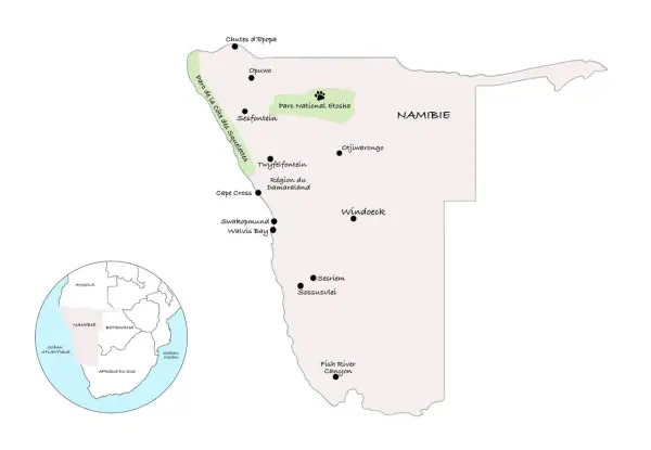 Mapa Namibii z zaznaczonymi atrakcjami, idealna do planowania namibia wycieczka: Etosha, Sossusvlei, Wybrzeże Szkieletów.