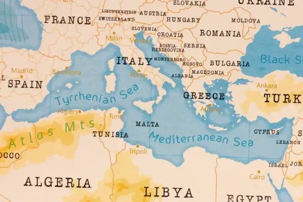 Mapa Europy i Afryki Północnej. Kreta leży nad Morzem Śródziemnym, na południe od Grecji.
