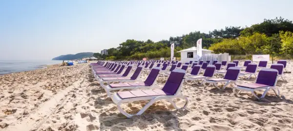 Idealne tanie wczasy nad morzem dla 2 osób z wyżywieniem. Rzędy leżaków na piaszczystej plaży, morze i zieleń w tle.