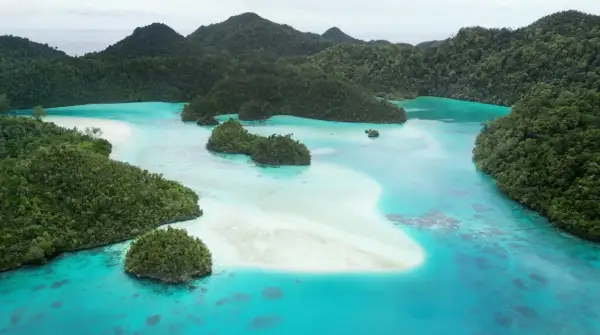Rajskie krajobrazy Raja Ampat: turkusowa woda, białe plaże i bujna zieleń tropikalnych wysp.