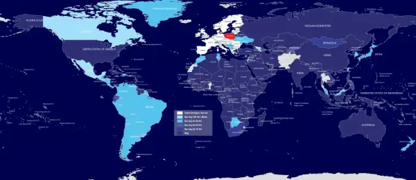 Mapa świata pokazująca wymagania wizowe do USA. Kolory oznaczają okresy bezwizowe lub konieczność wizy.