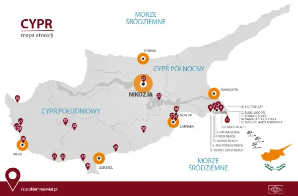 Mapa atrakcji Cypru, ukazująca jego geografię. Zaznaczone miasta: Nikozja, Pafos, Limassol, Kirenia, Famagusta.